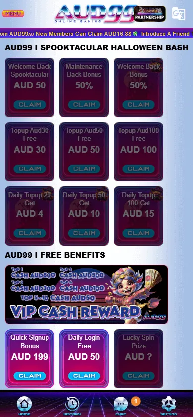 AUD99 Casino mobile promotions screen with bonus and reward offers