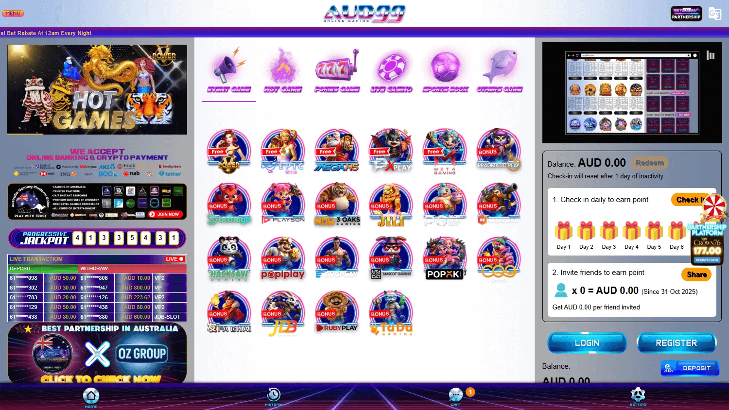 AUD99 Casino desktop home screen with AUD account and casino access
