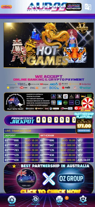 AUD99 Casino mobile home screen with categories and AUD wallet access
