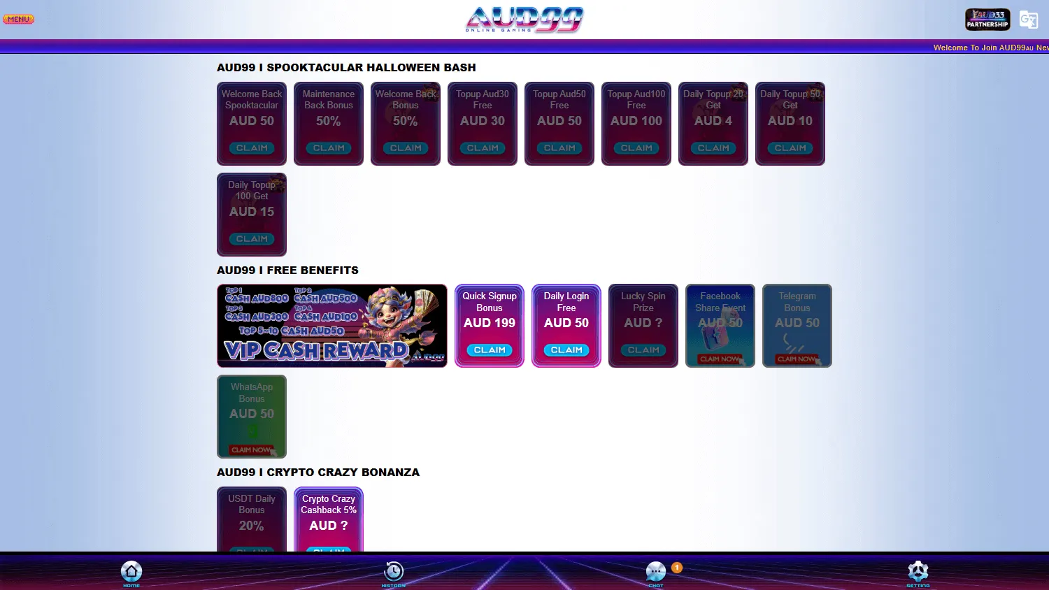 AUD99 Casino desktop promotions screen with welcome and ongoing rewards
